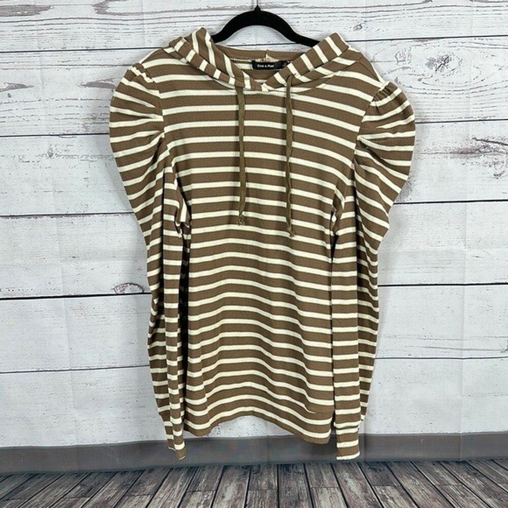 Doe‎ Rae Top Shirt Womens Large Brown Cream Striped Waffle Knit Hood Puff Sleeve